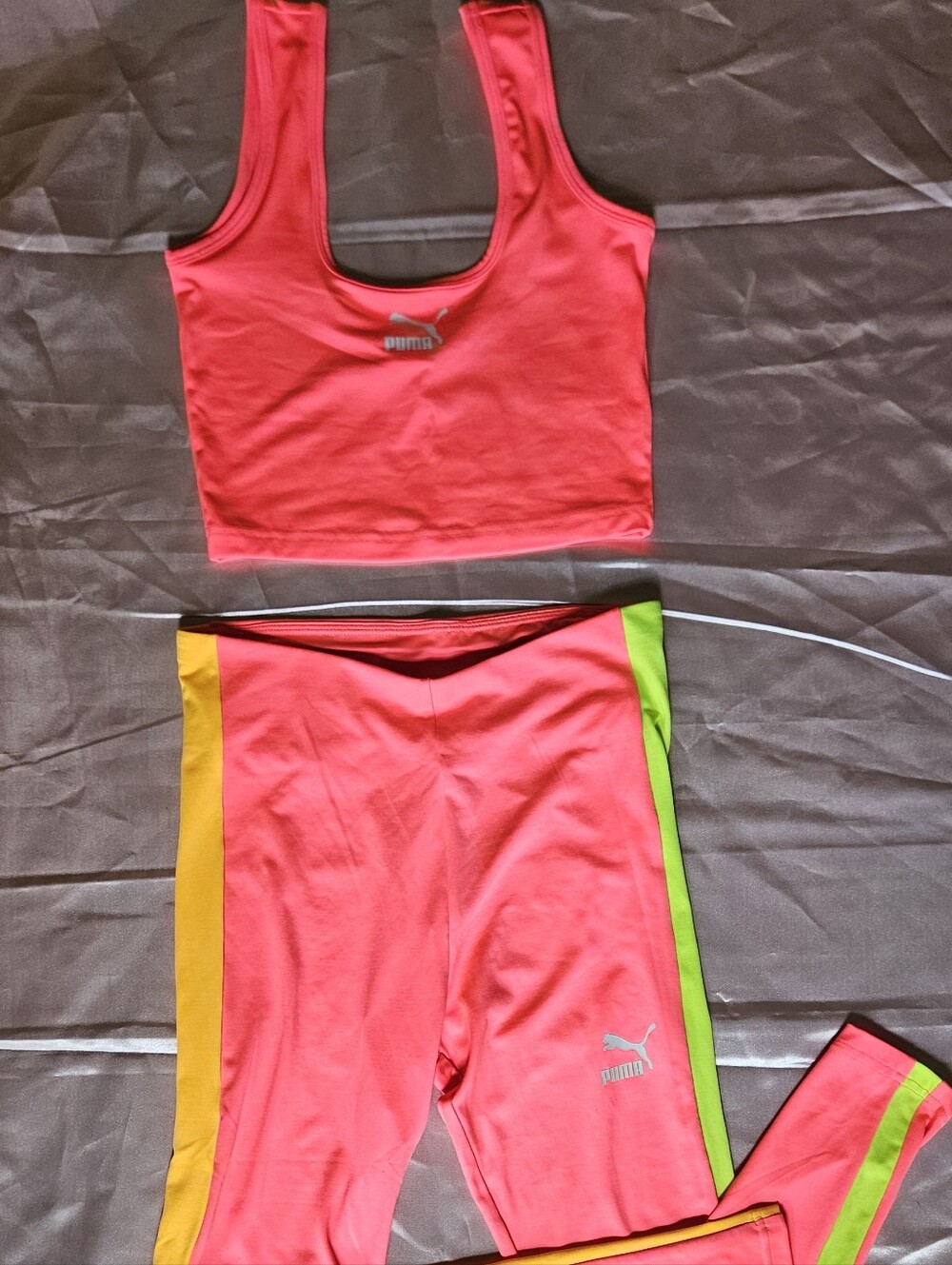Puma Womens Neon Pink Top & Leggings with Yellow & Lime Side Stripes